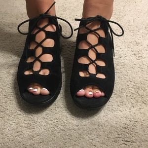 Black lace up wedges